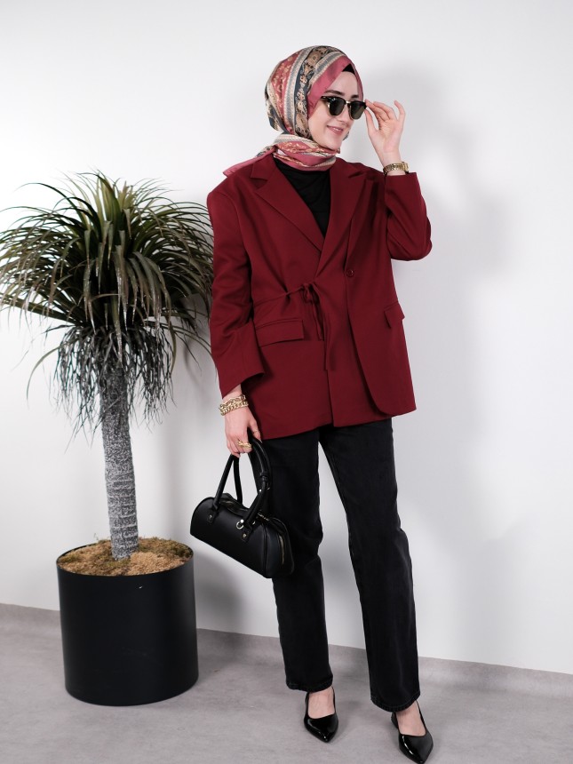 Klasik Fit Bordo Bağcıklı Ceket