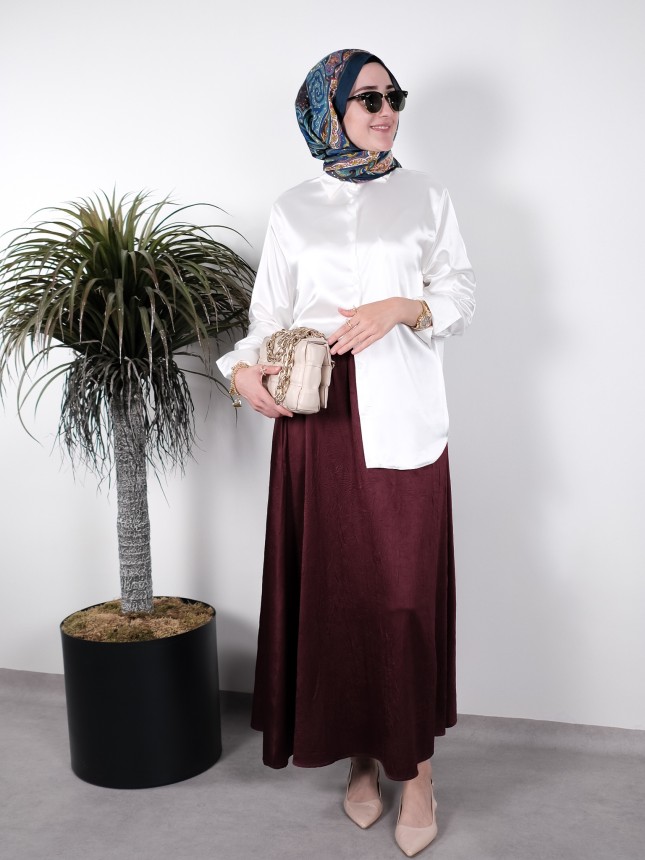 Klasik Bordo Yüksek Bel Etek