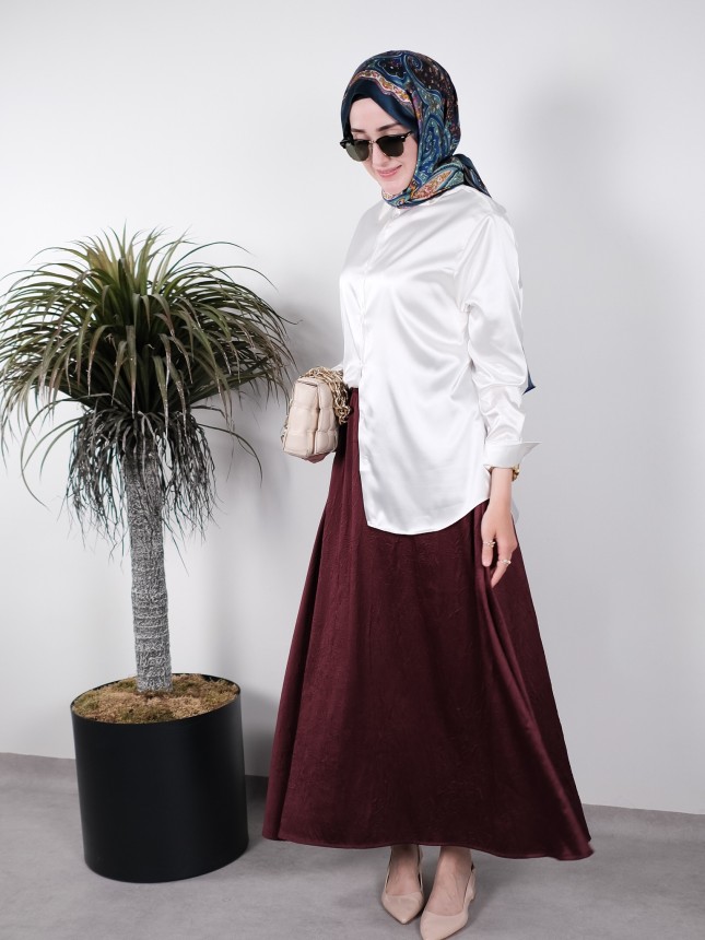 Klasik Bordo Yüksek Bel Etek