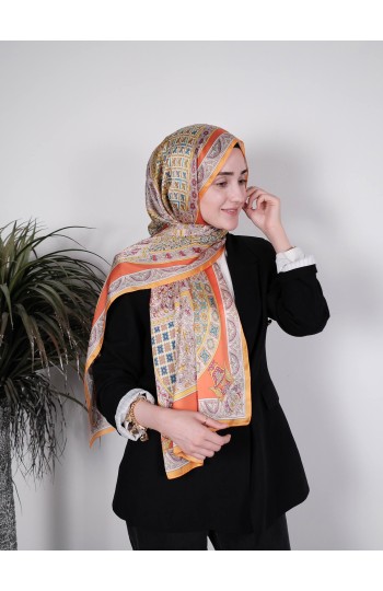 Saray Motifli Turuncu Saten Şal