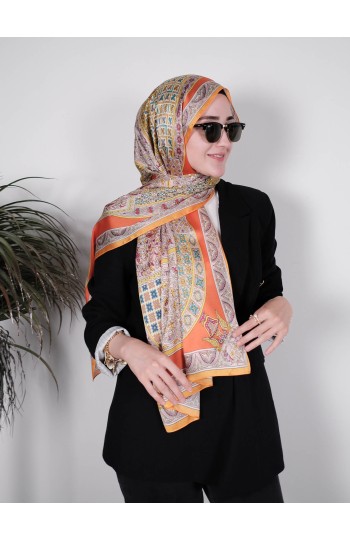 Saray Motifli Turuncu Saten Şal